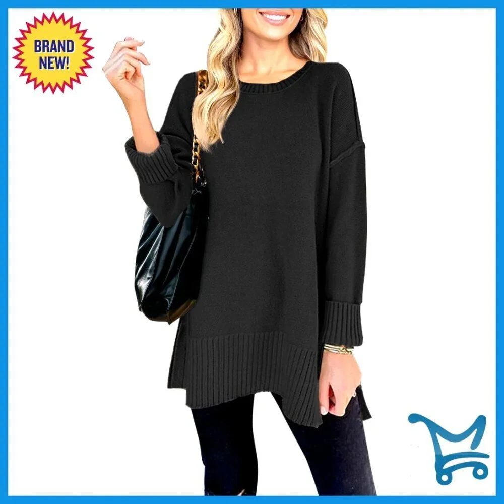 Oversized Pullover Sweater Tunic Length Side Split Casual Loose Fit